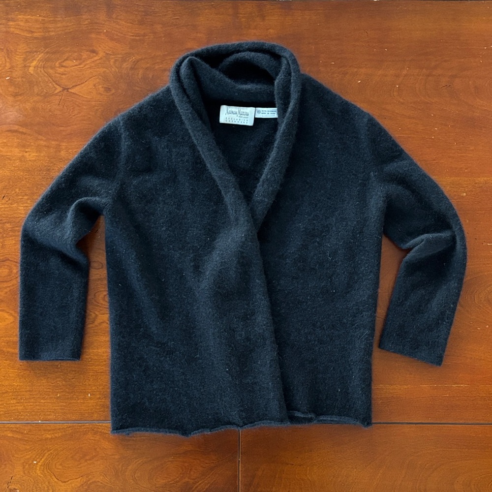 Neiman Marcus Black Cashmere Open Cardigan 3/4 Sleeve Sweater